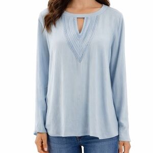 Daniel Rainn Light Blue Long Sleeve Blouse XL Rayon Keyhole Neck Boho Work Top